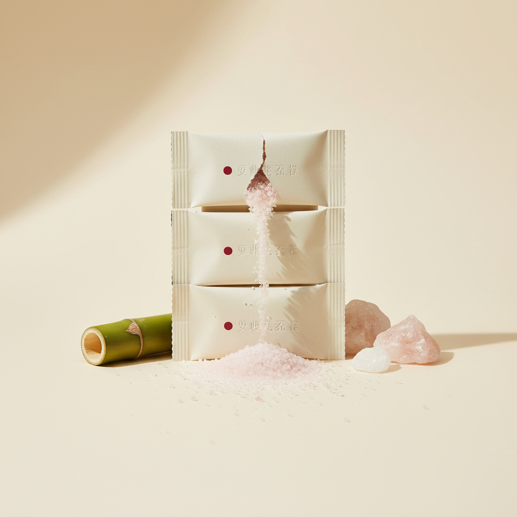 Stack of cream sachets of pale-pink bamboo salt with rock-salt crystals