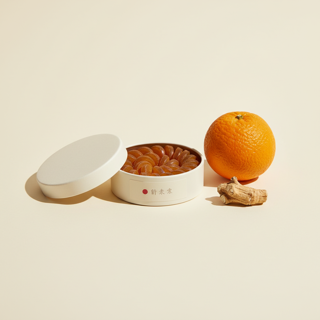 Tin of amber lozenge discs with bitter orange and gentian root