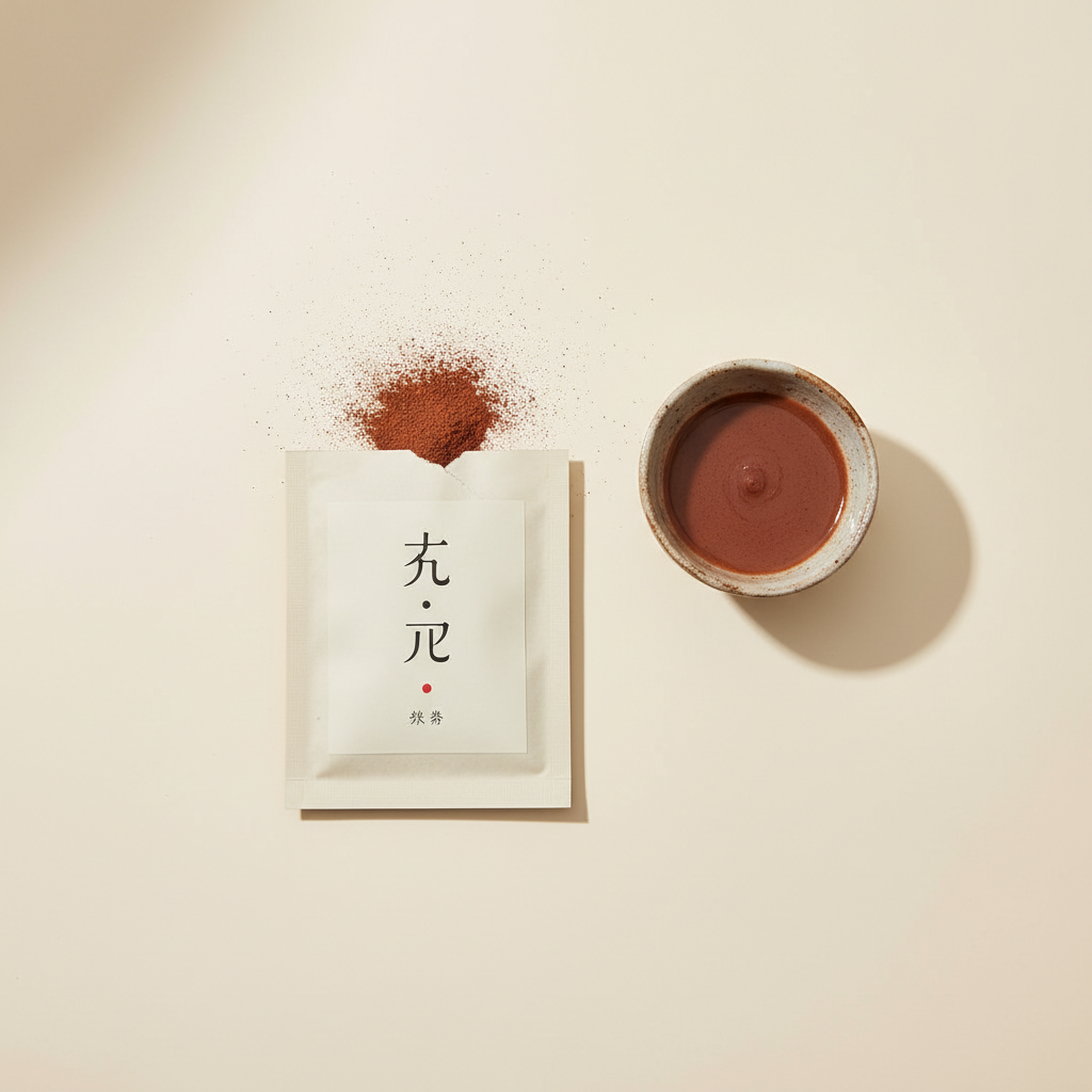 Cream sachet with reddish-brown powder spilling into a ceramic bowl