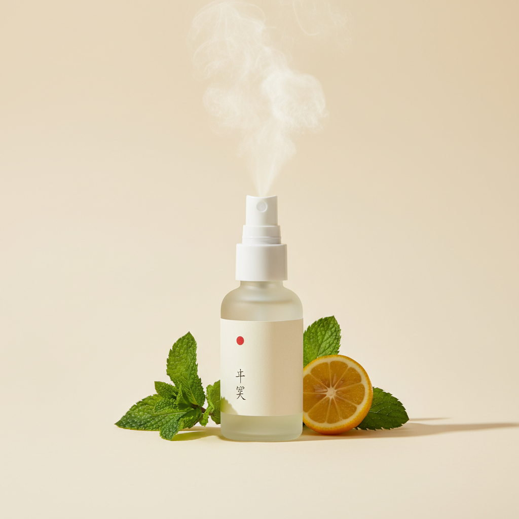 Sleek glass spray bottle with fine mist nozzle, mint and yuzu props