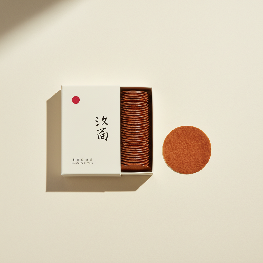 Box of small adhesive temple patches with deep ochre herbal side