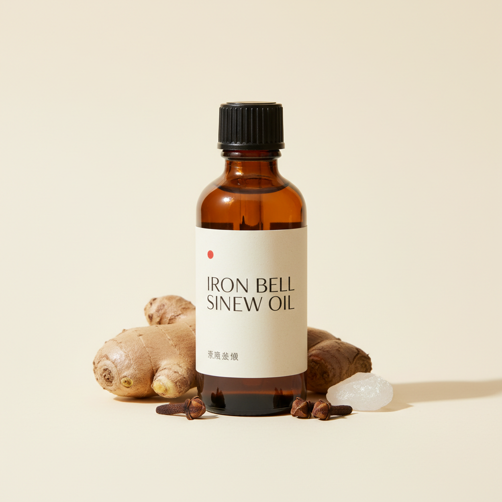 Amber apothecary bottle of warming oil with ginger root and cloves