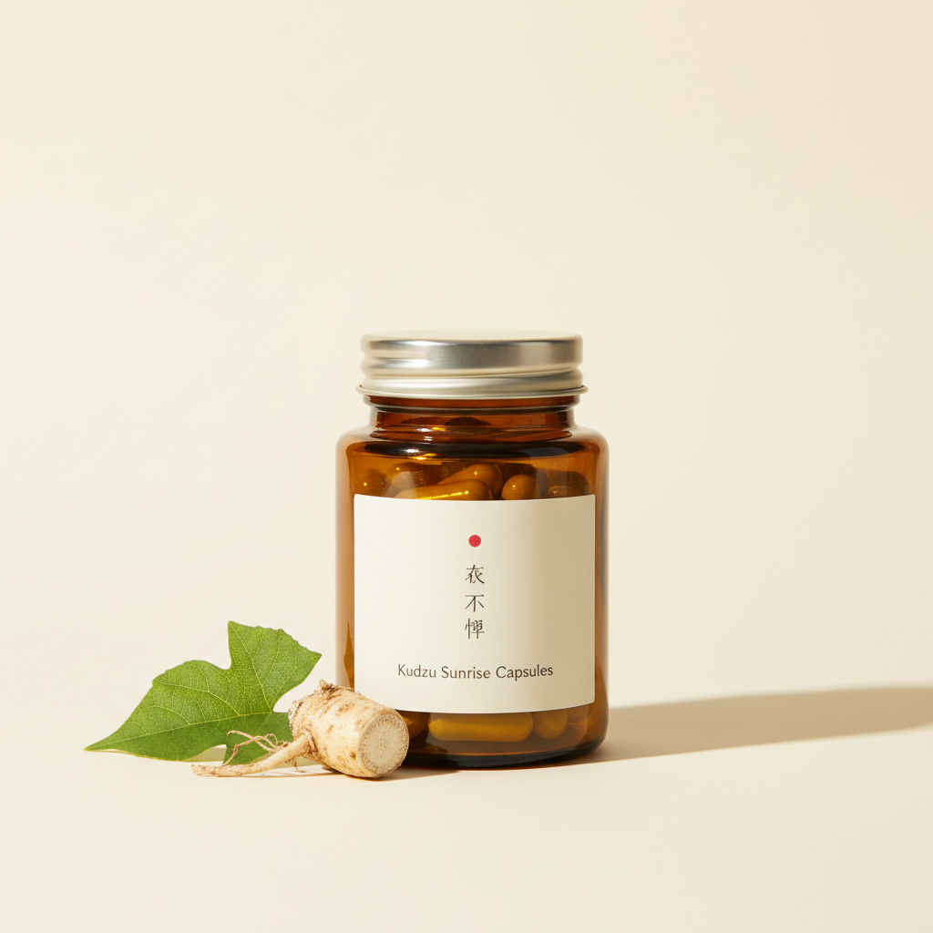 Amber jar of golden kudzu capsules with kudzu leaf and root