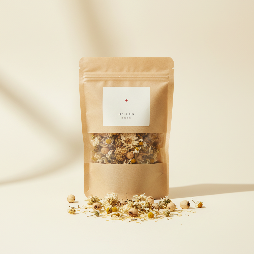 Open kraft pouch of loose-leaf herbal tea with chrysanthemum and lotus seeds