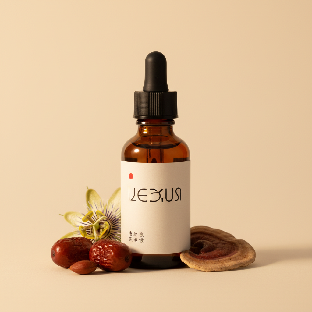 Amber dropper bottle with passionflower, jujube seeds, and reishi
