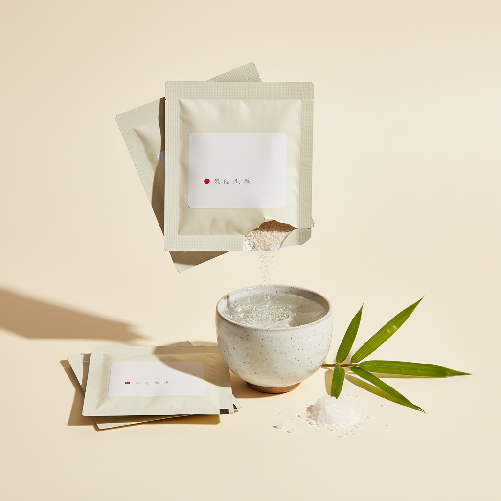 Stack of cream apothecary sachets with bamboo leaf and sea salt