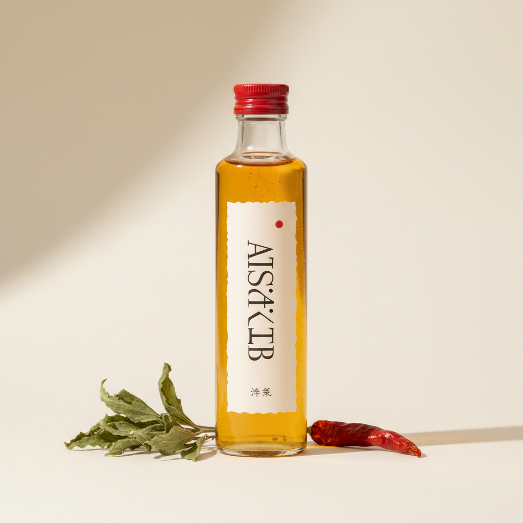 Slim glass bottle of golden liniment with wormwood and chili