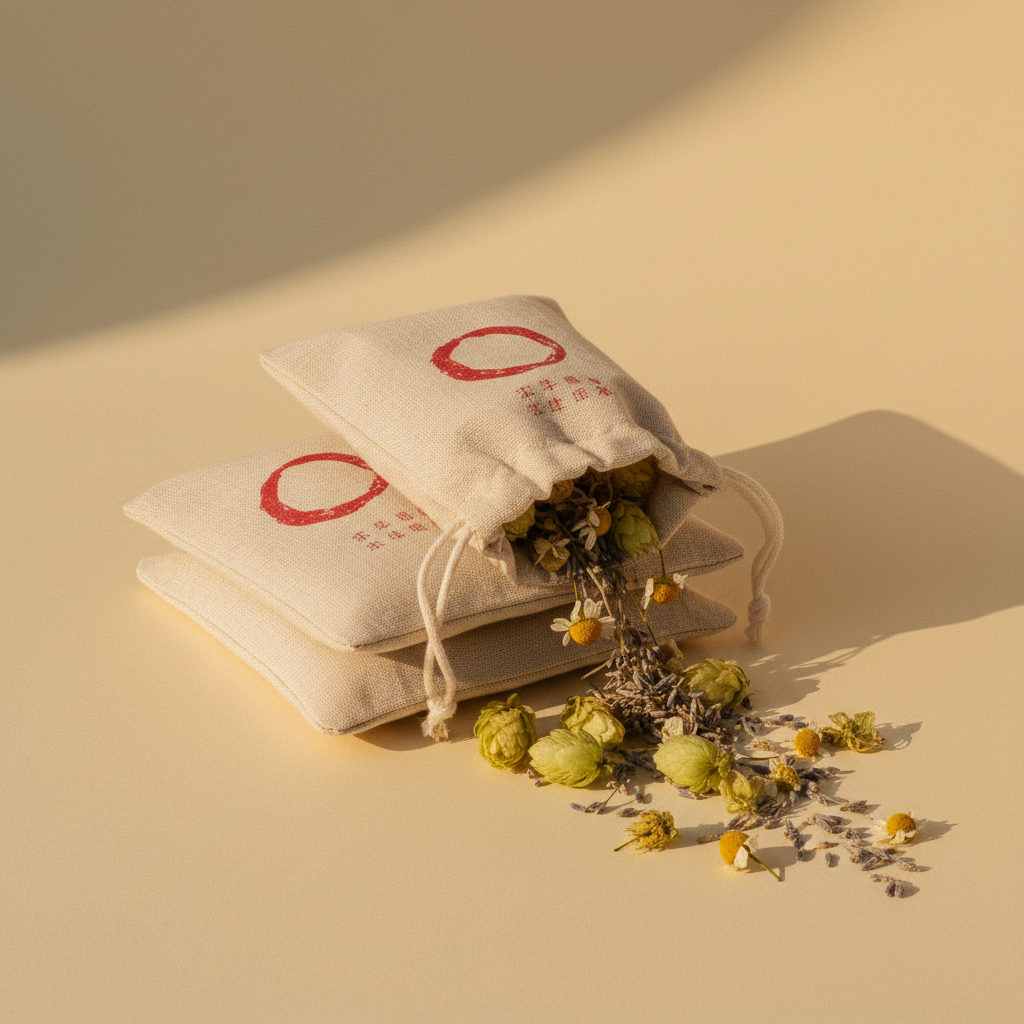 Linen drawstring sachets with dried lavender, hops, and chamomile