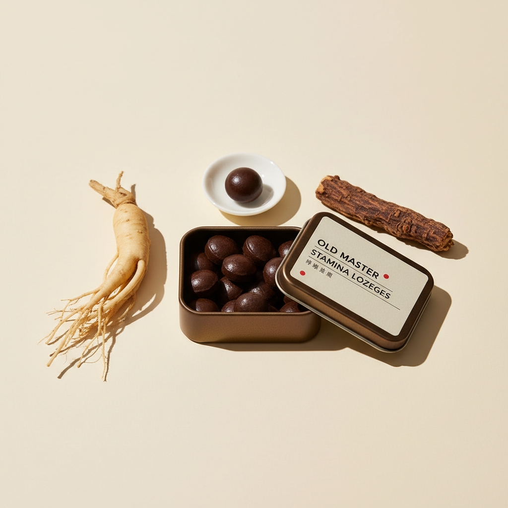 Bronze tin of dark herbal lozenges with ginseng and liquorice