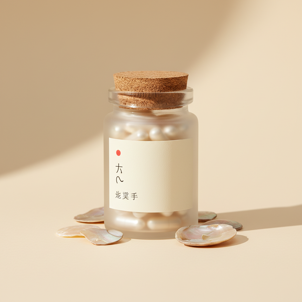 Frosted glass jar of pearlescent capsules with mother-of-pearl shells