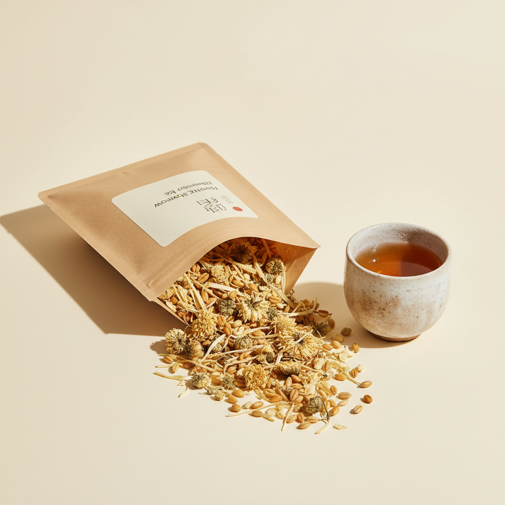 Open kraft pouch of golden tea with barley, corn silk, chrysanthemum
