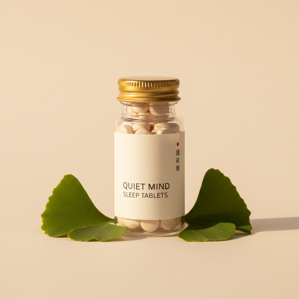 Glass vial of small ivory tablets with fresh ginkgo leaves