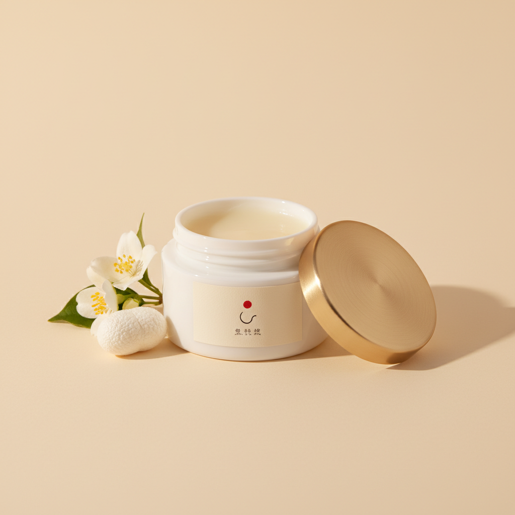 Porcelain pot of pale ivory sleep balm with silk cocoon and jasmine