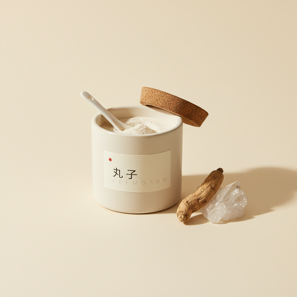 Ceramic pot of fine pale-cream powder with ashwagandha root
