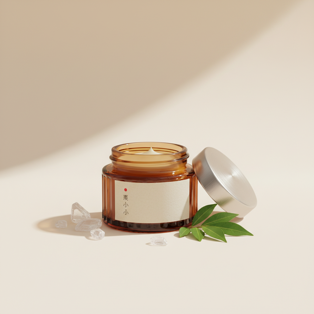 Round amber jar of pale ochre warming balm with menthol crystals