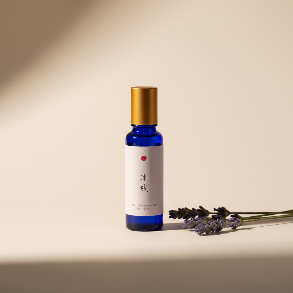 Cobalt-blue glass roller bottle of pale violet oil with fresh lavender