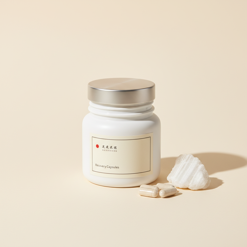 Matte-white apothecary jar of off-white herbal recovery capsules