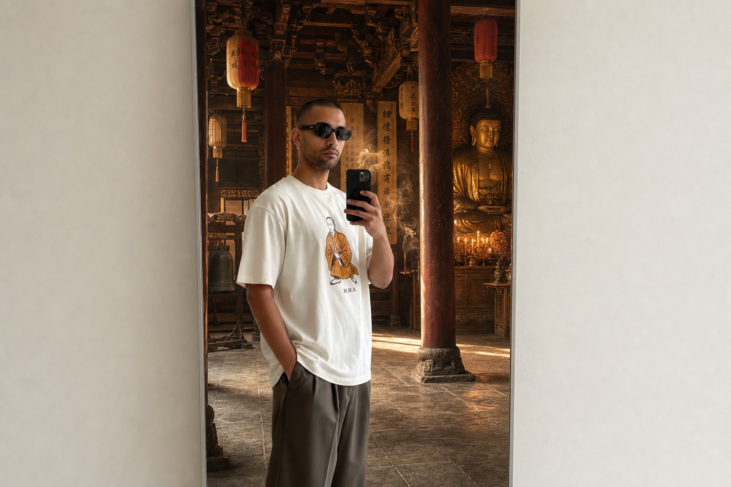 Mad Monk M.M.A. oversized cream tee with vintage Shaolin warrior monk chest print, worn by a model with shaved head and dark sunglasses, the full-length mirror reflecting an ancient Chinese Buddhist monastery instead of the white modern room