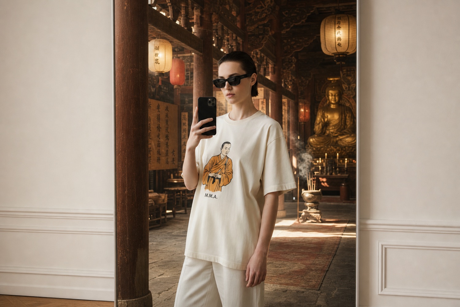 Mad Monk M.M.A. oversized cream tee with vintage Shaolin warrior monk chest print, worn by a model in a modern Parisian apartment, the full-length mirror beside her reflecting an ancient Chinese Buddhist monastery instead of the room