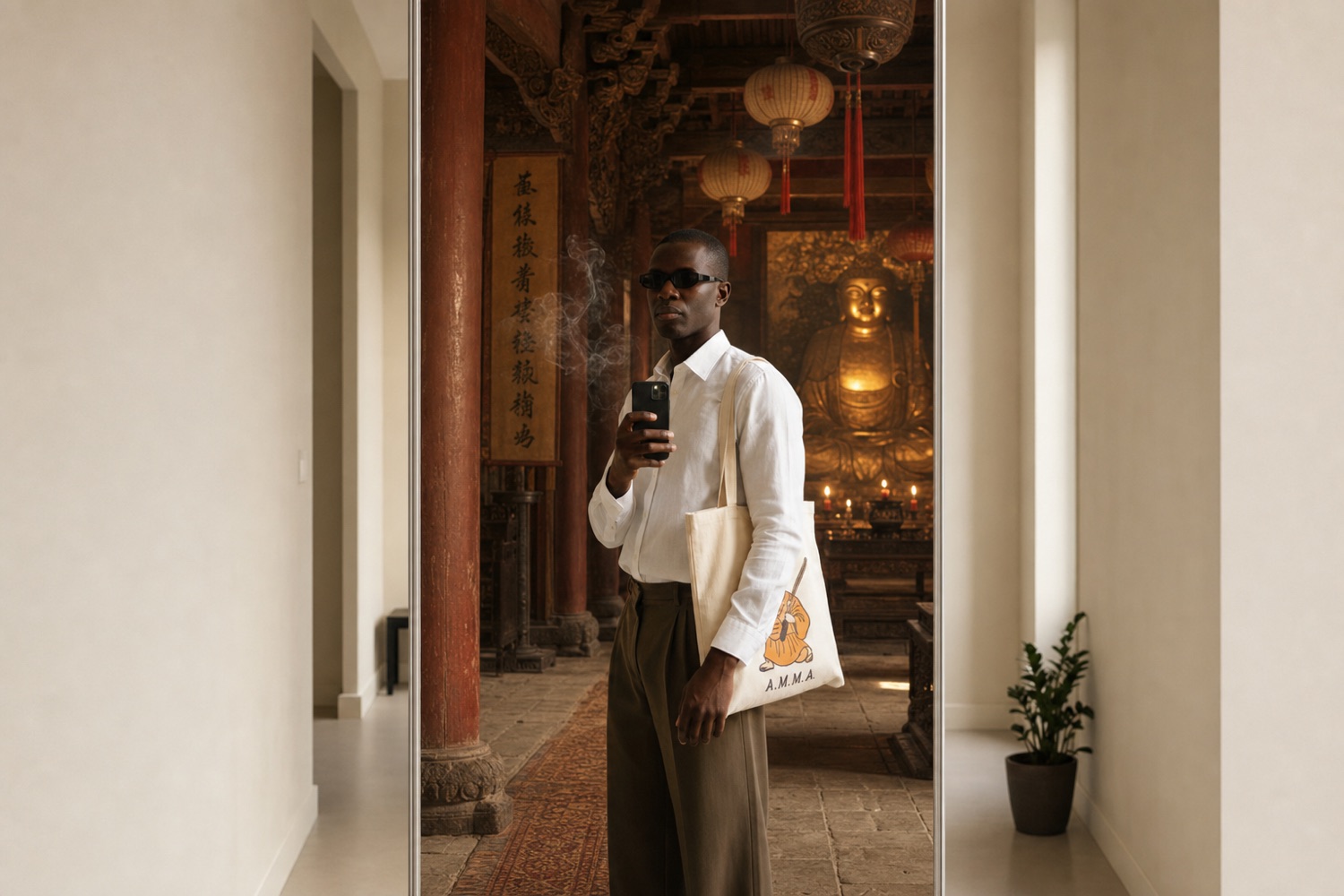 Mad Monk M.M.A. tote in raw cream cotton, carried by a model in a modern Parisian apartment hallway, the full-length mirror beside him reflecting an ancient Chinese Buddhist monastery instead of the room