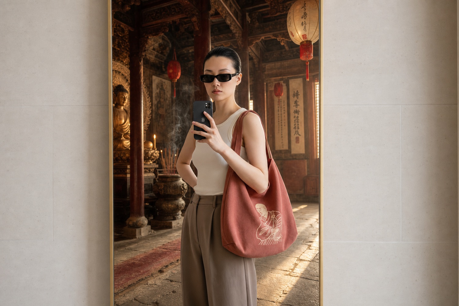 Mad Monk M.M.A. tote in faded brick red, half-bowl silhouette, carried by a model in a modern Parisian apartment, the full-length mirror behind her reflecting an ancient Chinese Buddhist monastery instead of the room